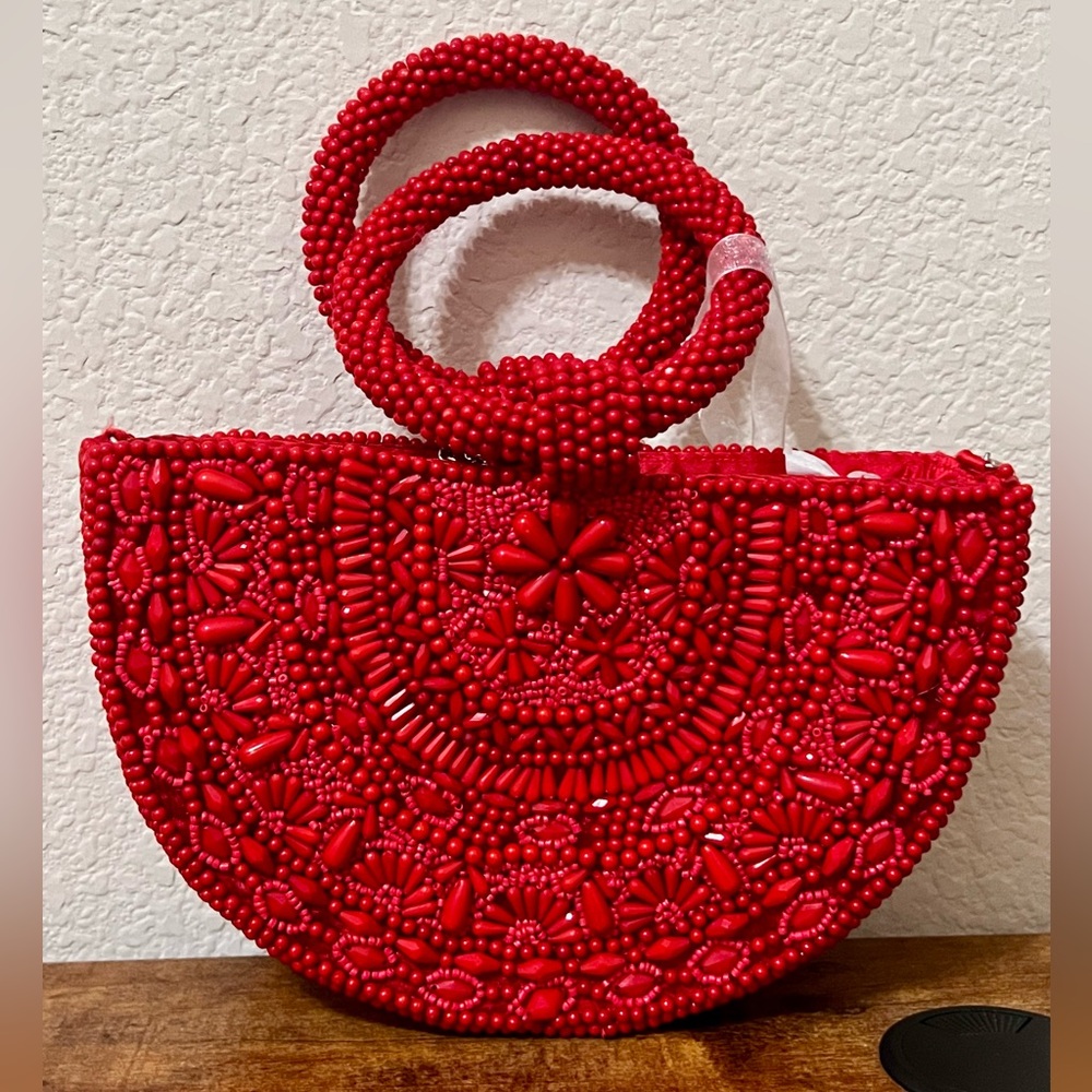Hand-Beaded Red Semi-Circle Hand Bag